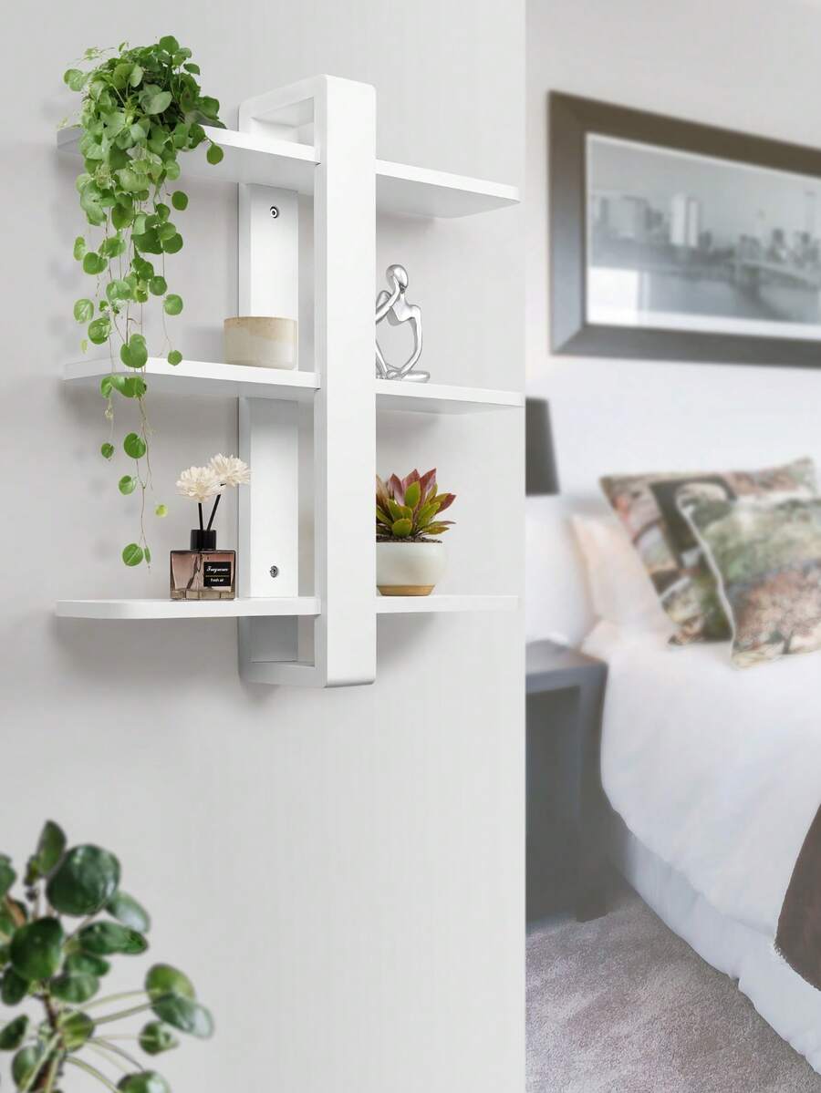 Étagère Murale Blanche, Étagère Flottante à 3 Ebenex, Étagère Décorative En Bois Massif With Tabletes Amovibles, 50x58 Cm, Pour Salon Et Chambre - 白色 - 查看 1