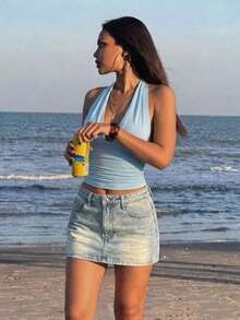 Summer Women's Hot Girl Fitted Lace-Up Ruched Solid Color Inner Top - Baby Blue - View 4