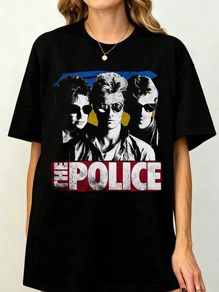Thes Polices STING 30 World Tour Concert Band Vintage T-Shirt Post Punk Distressed Member Portrait Paint Splash Graphic Print Black Unisex Tee - 黑色 - 查看 1
