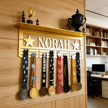 1pc Customized Metal Medal & Trophy Display Rack - Personalized Star Design With Name Logo, Easy Install Home Wall Decor, 12 Hooks & Medal Holder For Personal Honor Medals - Father's Day, Independence Day, Thanksgiving Gift, Running Medal Hanger - Gold - View 2