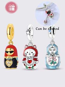1pc Silver-Plated Matryoshka Series Openable Pendant Cat Enamel Gold Fashion Glasses Bouquet Floral Pattern Charm Suitable For Original Brand Bracelet Necklace DIY Matching - Multicolor - View 11