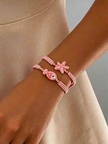 2pcs/Set Tropical Ocean Starfish Fish Design Multi-Layer Bracelet Set, Summer Beach Daily Vacation Party Jewelry - Pink - View 1