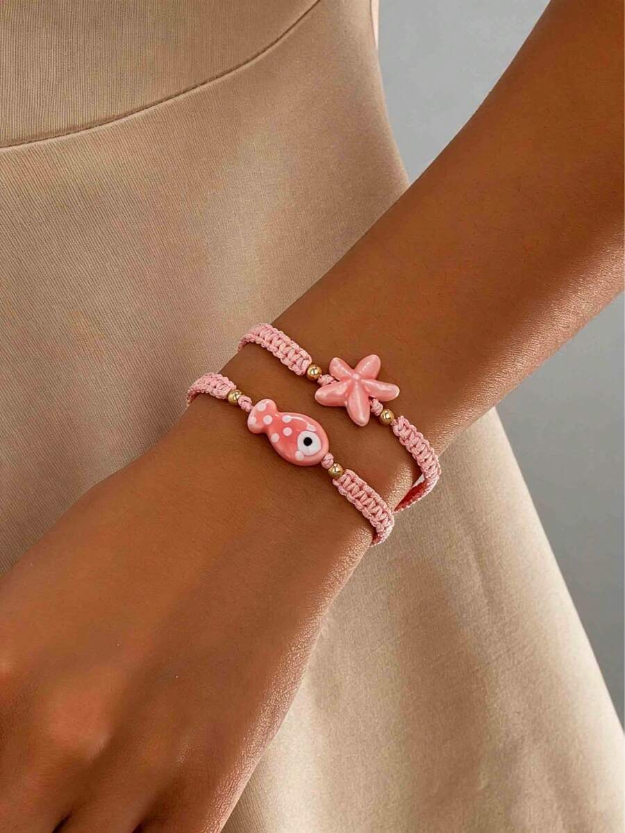 2pcs/Set Tropical Ocean Starfish Fish Design Multi-Layer Bracelet Set, Summer Beach Daily Vacation Party Jewelry - Pink - View 1