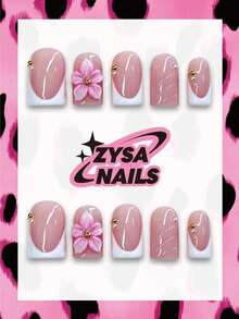 Zysa Unhas Postiças Quadradas Rosa Nude Curvadas Estilo French, Flor Rosa 3D Feita à Mão com Pérolas e Tachas Douradas, Unhas Falsas Brilhantes, Coquette Delicada, Reutilizáveis para Eid, Ramadã, Noiva, Casamento, Festa, Uso Diário, Manicure Romântica, Outono/Inverno, Unhas Curtas - Multicolorido - Visão 1