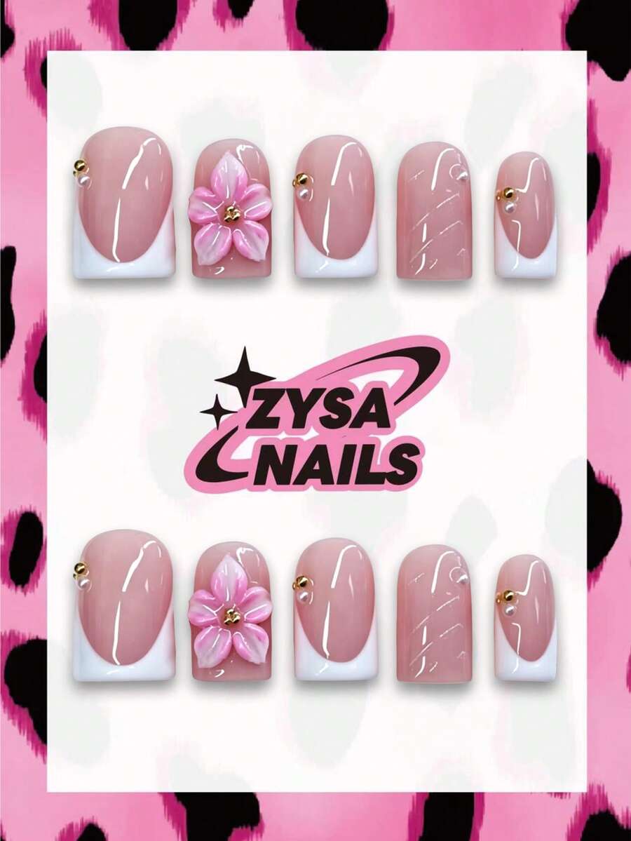 Zysa Unhas Postiças Quadradas Rosa Nude Curvadas Estilo French, Flor Rosa 3D Feita à Mão com Pérolas e Tachas Douradas, Unhas Falsas Brilhantes, Coquette Delicada, Reutilizáveis para Eid, Ramadã, Noiva, Casamento, Festa, Uso Diário, Manicure Romântica, Outono/Inverno, Unhas Curtas - Multicolorido - Visão 1
