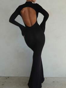 Kliou Simple Classic Solid Backless Maxi Dress Women Elegant O-Neck Evening Long Sleeve Dresses Robe Slim Autumn High Street Bodycon - Black - View 6