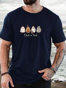 Men's Chick Or Treat Pattern Summer Casual Crew Neck Short Sleeve T-Shirt - 黑色 - 查看 1