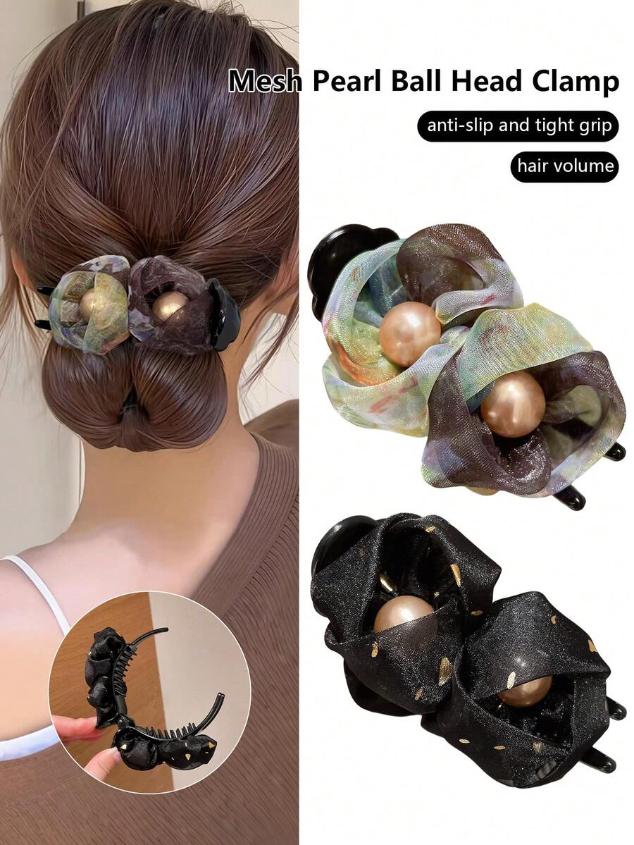 1pc Fashionable Elegant Faux Pearl Mesh Flower Bud Banana Ponytail Hair Claw Clip, Suitable For Daily Wear, Party, Bun Hairstyle, Twist Clip, Perfect For Date, Beach Vacation, Gift Hair Accessory