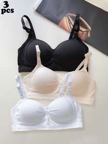 3pcs/Set Ruched Design Solid Color Comfortable Minimalist Bra, Suitable For Adolescent Girls - Multicolor - View 1