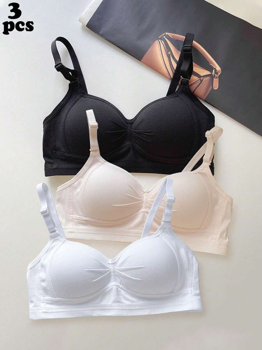 3pcs/Set Ruched Design Solid Color Comfortable Minimalist Bra, Suitable For Adolescent Girls - Multicolor - View 1