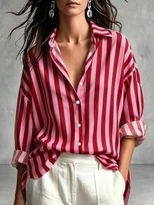 Explosion Women's Spring/Summer/Autumn/Winter Street Retro Bohemian Style Vacation Color Block Striped Pattern Pink Casual Lapel Long Sleeve Red - Merah - View 3