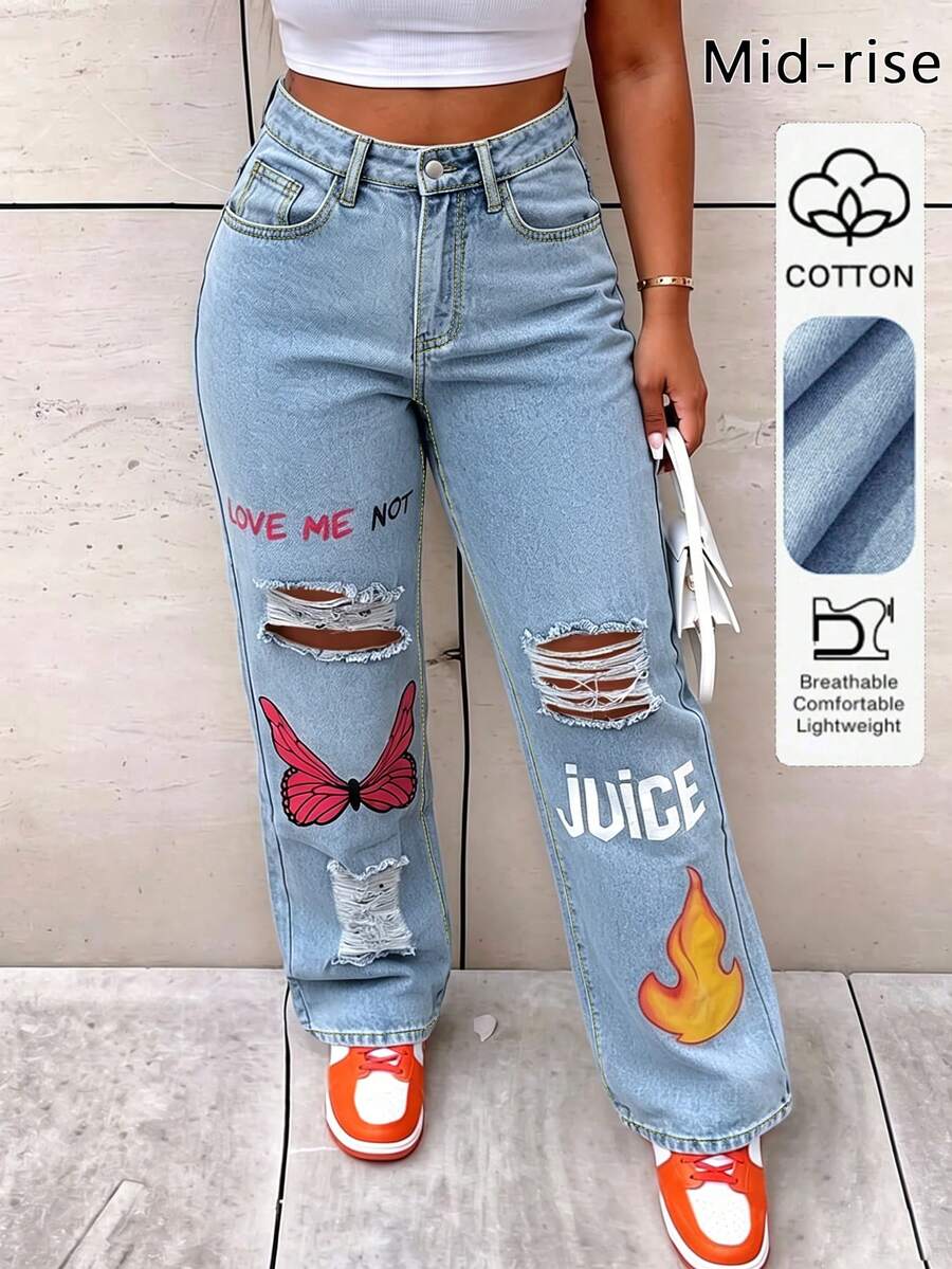 Jeans de cintura media con estampado y efecto desgastado, estilo callejero americano joven, casual - Lavado ligero - Ver 1