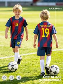 25-26 Year 2-Piece Set Navy Blue Red #19 All-Over Print Burn-Out Football Jersey Set, Personalized Name/Club Customization, Popular Player Style Allover Print Sports Uniform, Short Sleeve Shorts Set, Suitable For Boys Girls Sports, Cycling, Outdoor Running, Football, Star Player Style Jersey Set - Navy Blue - View 5