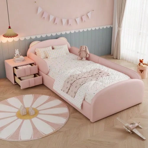Upholstered Bed, Single Bed, Children's Bed, Cute Bear-Shaped Headboard, With A Bedside Table In The Same Color Scheme - 粉色 - 查看 1
