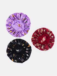 3 buah Topi Tidur Wanita Multiwarna dengan Pita Lebar dan Elastisitas Tinggi, Cocok untuk Kemoterapi, Pelindung Rambut, dan Penggunaan Sehari-hari - Kupu-kupu Hitam/Merah Marun/Ungu - View 3