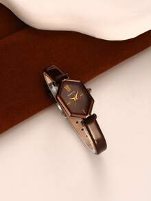 1pc Women's Roman Numeral Minimalist Fashion Vintage Leather Strap Watch Suitable For Daily Decoration - Coffee Brown - View 1