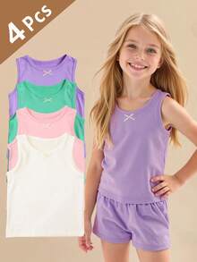 4pcs Girls Sweet Cute Solid Color Bow Tank Tops, Suitable For Girls All Season Layering And Outerwear - Multicolor - View 11