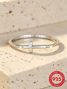 1pc Minimalist Sophisticated Cross 925 Sterling Silver Unisex Ring, Suitable For Everyday Wear - Silver - View 1
