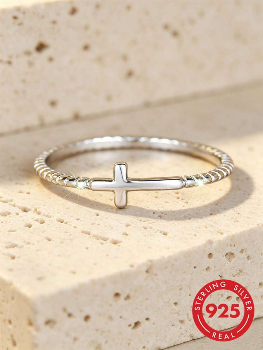 1pc Minimalist Sophisticated Cross 925 Sterling Silver Unisex Ring, Suitable For Everyday Wear - Silver - View 1