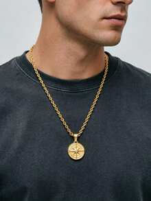 1pc Gold Stainless Steel 18K Gold Plated Twisted Chain With Compass Rhinestone Pendant Necklace, Men's Fashion Style, Suitable For Daily Casual Wear, Decoration, Hip Hop, Street Dance, Party - Gold - View 3