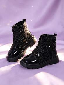 1 Pasang Sepatu Bot Pendek Anak Laki-laki, Bahan PU Mengkilap, Ujung Bulat, Sol Lembut Anti Selip, Tali Depan dengan Desain Resleting Sisi Dalam, Gaya Putri yang Manis dan Keren, Cocok untuk Sekolah, Liburan, Pertunjukan, Perjalanan, Pakaian Luar Ruangan, Gaya Baru Musim Gugur/Dingin - Hitam - View 3