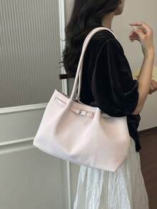 女款時尚百搭通勤單肩包，春夏新款學生大容量托特包，編織購物袋 - 粉色 - 查看 8
