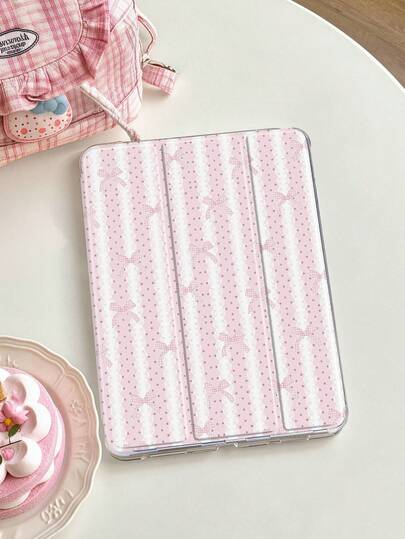 1pc Star Bow Lace Striped Pink Painted Tablet Case Compatible With IPad Mini4/Mini5/Mini6/Mini7/Air/Air2/9.7/10.2/10.5/Air4/Air5/10.9/Pro 11"/10th Gen/ Air 11-In.(M2)-2024/ Pro11-In.(M4)-2024/Air 11-Inch (M3) 2025/ (A16) 11 Inch 11th Generation 2025/ Air 8(M4)2026(11-Inch) Galaxy Tab A8 10.5 Inch 2022, Pen Not Included, Built-In Pen Slot, Tri-Fold Stand, TPU Soft Edge Protection, Anti-Drop, Wear-Resistant, Magnetic Sleep/Wake, Creative/Fun/Personalized Flip Tablet Case