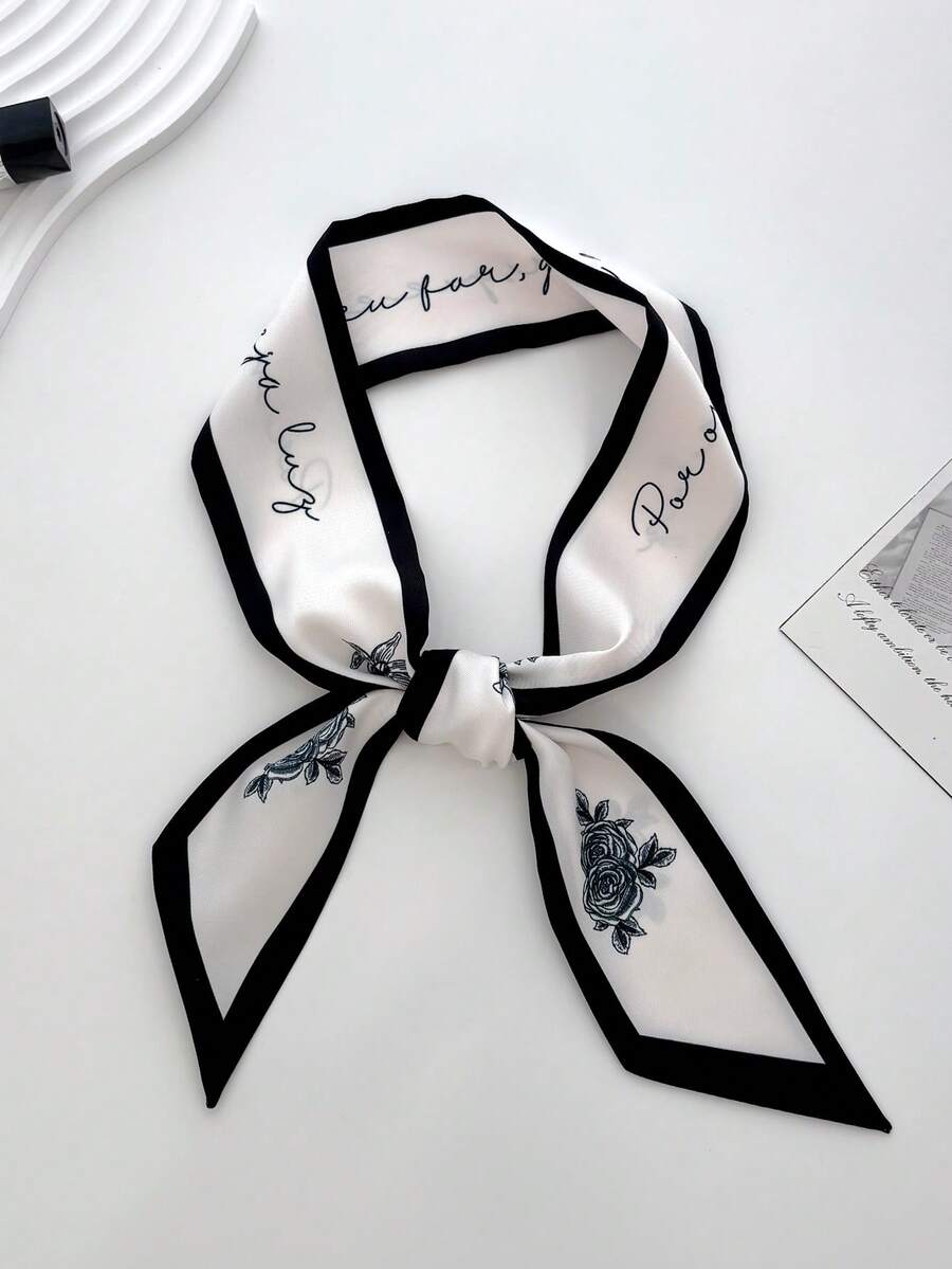 1件裝女款春夏仿絲花卉印花緞帶裝飾圍巾,百搭配件,可用於包包綁繩、髮帶、日常穿搭 - 白色 - 查看 1