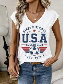 Bestseller Retro Streetwear USA Soccer Fan Stars Stripes Graphic Women's V Neck Cap Sleeve Top, For Street Hangout Vacation Game Day - White - View 1