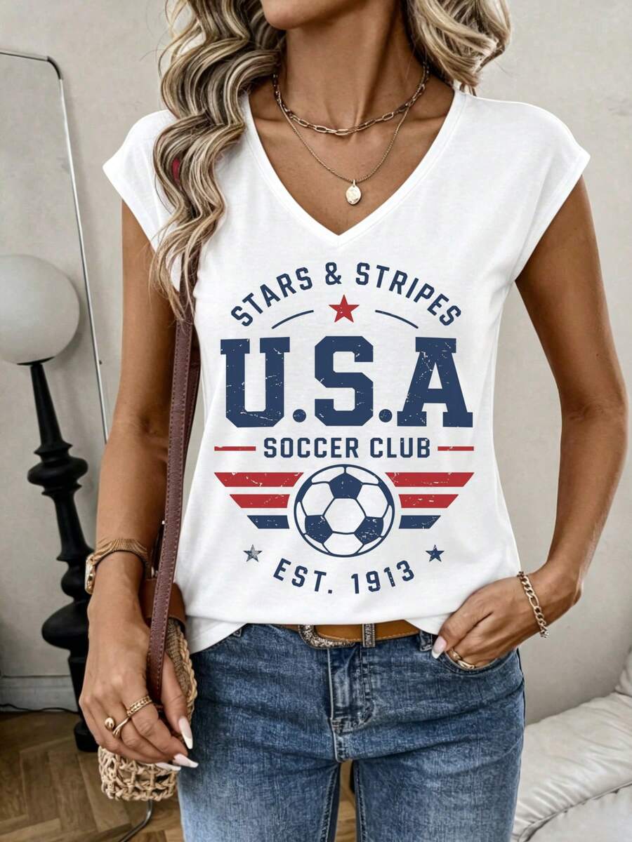 Bestseller Retro Streetwear USA Soccer Fan Stars Stripes Graphic Women's V Neck Cap Sleeve Top, For Street Hangout Vacation Game Day - White - View 1