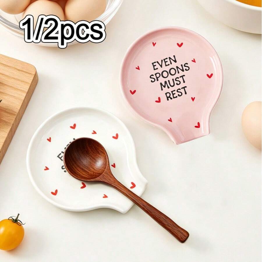 1pc Cute Heart-Shaped Ceramic Spoon Holder, Novel Humorous Quote Printed Stove Top Spoon Rest, Romantic Kitchen Decor Accessory, Housewarming Holiday Gift For Cooking Enthusiasts - View 1
