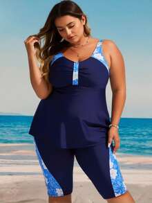 Plus Size Navy Blue Floral Print Panel Tankini Set With Knee Length Shorts - Multicolor - View 4