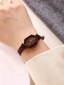 1pc Women's Roman Numeral Minimalist Fashion Vintage Leather Strap Watch Suitable For Daily Decoration - Coffee Brown - View 2