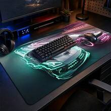 Neon Lightning Racing Large Gaming Desk Mat, Green & Pink Glowing Racing Print Non-Slip Rubber Extended Mouse Pad, Waterproof Long Keyboard Pad, Gaming Computer Desktop Decoration - View 1