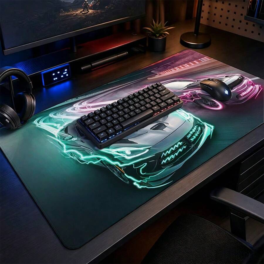 Neon Lightning Racing Large Gaming Desk Mat, Green & Pink Glowing Racing Print Non-Slip Rubber Extended Mouse Pad, Waterproof Long Keyboard Pad, Gaming Computer Desktop Decoration - View 1