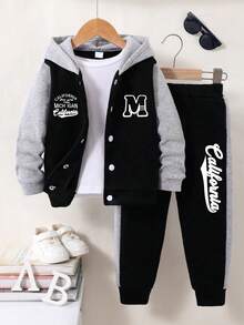 Young Boy Cartoon Pattern Hoodie And Sweatpants Set - Black - View 1