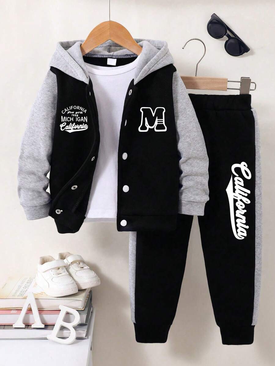 Young Boy Cartoon Pattern Hoodie And Sweatpants Set - Black - View 1