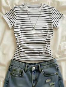 Women's Round Neck Short Sleeve T-Shirt, Summer New Fashion Contrast Color Striped Design, Casual Versatile Slim Fit Flattering Short Top - White and Black Stripes - View 10