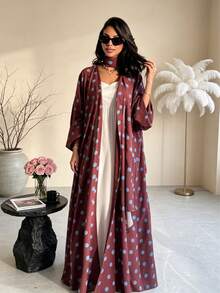 Polka Dot Print Open Front Abaya Kimono, Wide Flare Sleeve Loose Modest Muslim Long Outerwear Cardigan For Daily Holiday Occasions - Multicolor - View 3