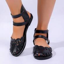 Vintage Hollow Toe Women's Flat Sandals, Solid Color Faux Leather Upper, Double Buckle Heel Strap, Casual Vacation, Lightweight And Breathable - Black Buckle - View 16