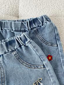 2pcs/Set Spring/Autumn Girls Bow Embroidery Elastic Waist Denim Jeans, Casual Vacation Long Pants For Young Girl - Multicolor - View 4