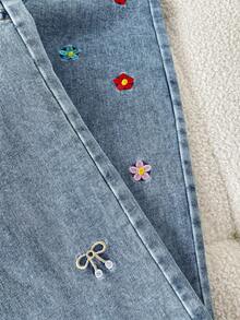 2pcs/Set Spring/Autumn Girls Bow Embroidery Elastic Waist Denim Jeans, Casual Vacation Long Pants For Young Girl - Multicolor - View 6