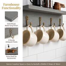 Wall Mounted Coffee Mug Holder With 8 Hooks, Wooden Coffee Cup Rack With Coffee Sign, Space Saving Kitchen Mug Organizer Display Shelf For Kitchen, Bar, Coffee Station - Grey - View 3