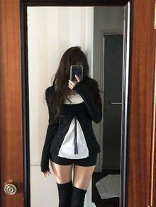 Korean Style Minimalist Tie-Up Tummy-Covering Colorblock Patchwork Ruffle Long Sleeve T-Shirt Top For Women - Black - View 3