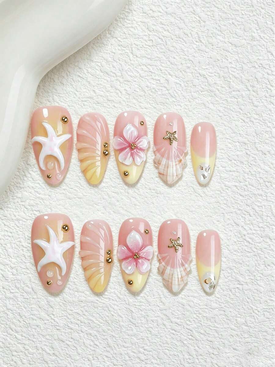 10片手工杏仁形3D凝膠美甲貼片，奢華甜美海灘風穿戴甲，海洋海星貝殼設計，3D花卉金珍珠漸層蜜桃黃，適合夏季度假、日常佩戴與派對假指甲，美甲用品，女性配件手工穿戴甲