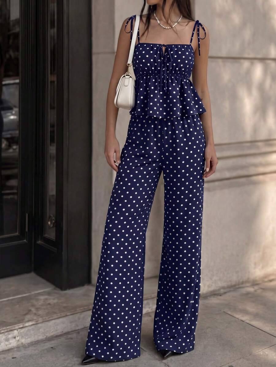Polka Dot Leinen Weite Beine Zweiteiler Set Quadratischer Ausschnitt Camisole Top + Lange Hose Italienischer Sommer Strand Urlaubsstil Geeignet für Brunch, Date Night, Ausflug