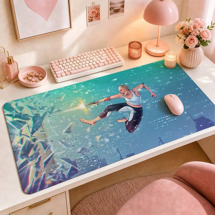 Cyber Broken Glass Cool Female Gun Manual Anime Large Mouse Pad, Teal City Cartoon Style Non-Slip Stitched Edge Desk Mat, Thickened Keyboard Pad, Suitable For Office And Gaming - View 1