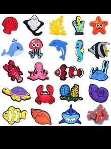1~21pcs Random Marine Life Series, PVC Material, Includes Crab, Sea Turtle, Starfish And Other Marine Life Patterns, Suitable For Shoe Decoration. Ideal Choice For Beach Theme Gifts. This Vibrant Marine Life And Beach Decoration Set Is Detachable - A - View 5