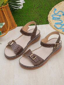 女款涼鞋，舒適輕便，單扣設計，優雅時尚，適合日常穿著，夏季深棕色涼鞋 - 深棕色鱷魚紋 - 查看 6