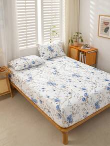 1pc White Background Watercolor Blue Branch Peony Floral Pattern Fitted Sheet, No Filling, Bedroom Use Flannel Ultra-Fine Fiber Breathable Comfortable Fitted Sheet, King/Queen/Full/Twin Size - Baby Blue - View 3